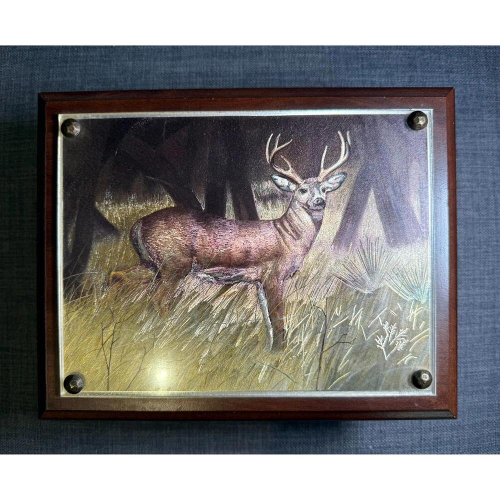 Wooden Box With Foil Print of a Buck Deer on Lid | Vintage - Great‎ For Dad
